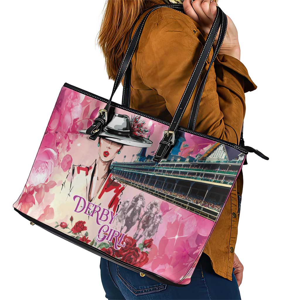 Kentucky Horses Racing Leather Tote Bag Churchill Downs Derby Girl Watercolor Style