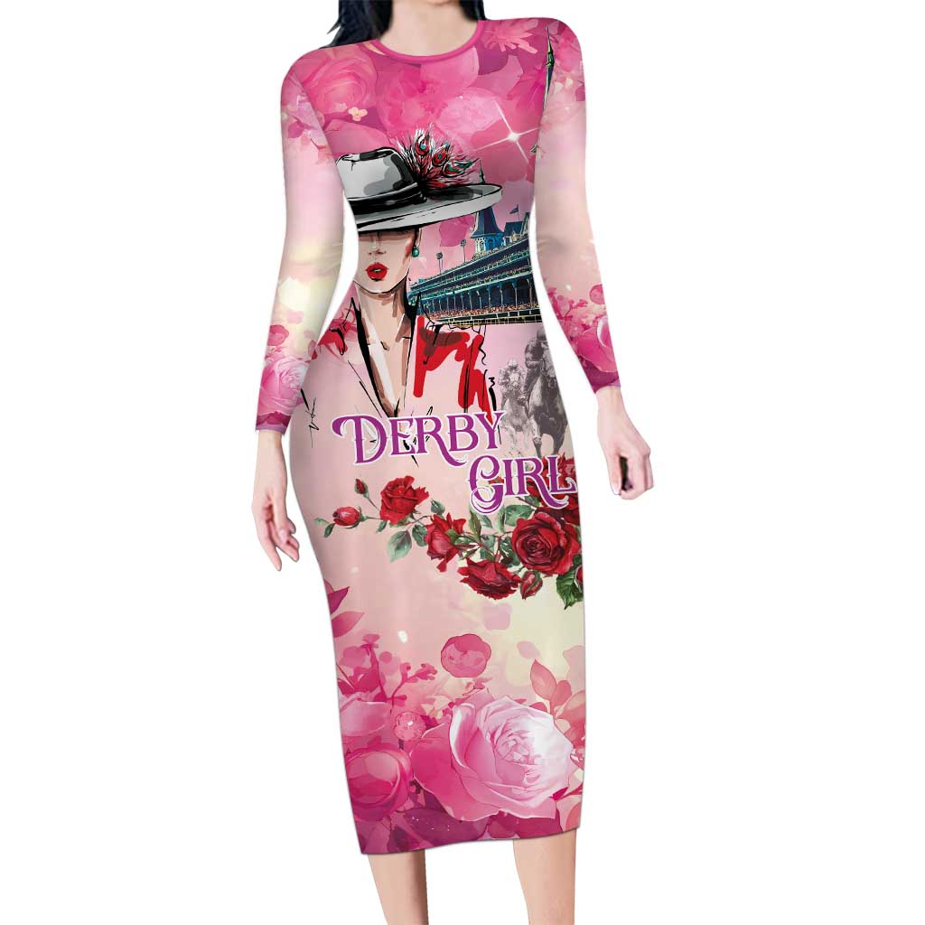Kentucky Horses Racing Long Sleeve Bodycon Dress Churchill Downs Derby Girl Watercolor Style