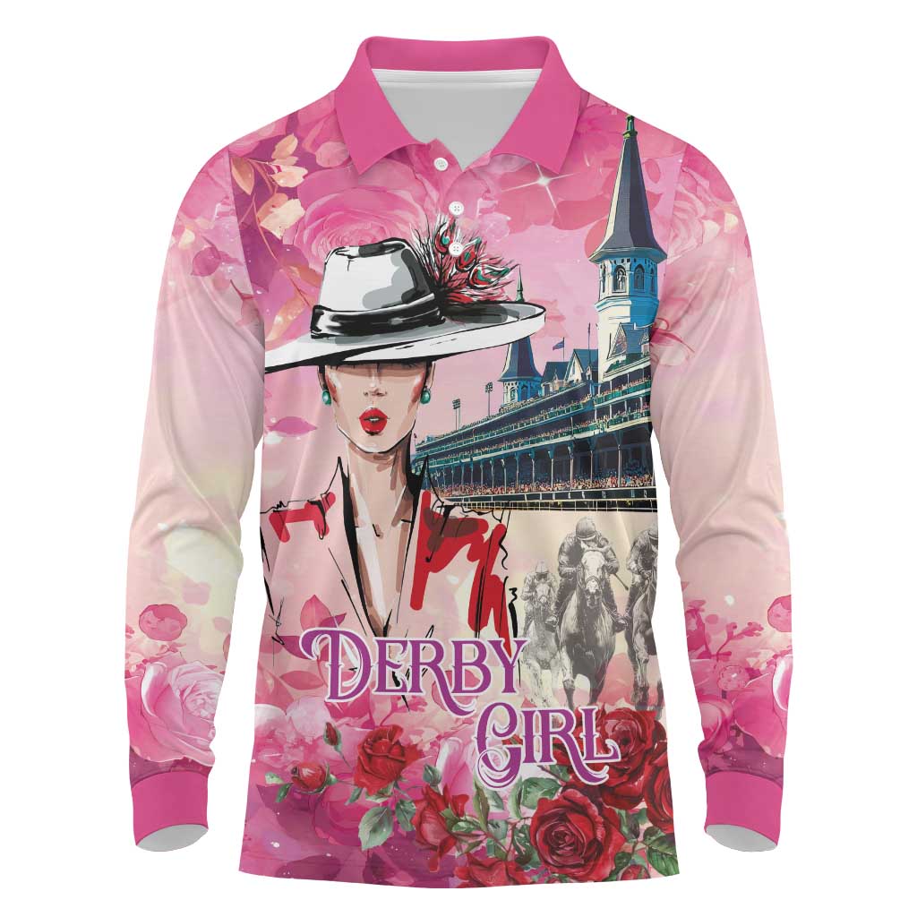 Kentucky Horses Racing Long Sleeve Polo Shirt Churchill Downs Derby Girl Watercolor Style