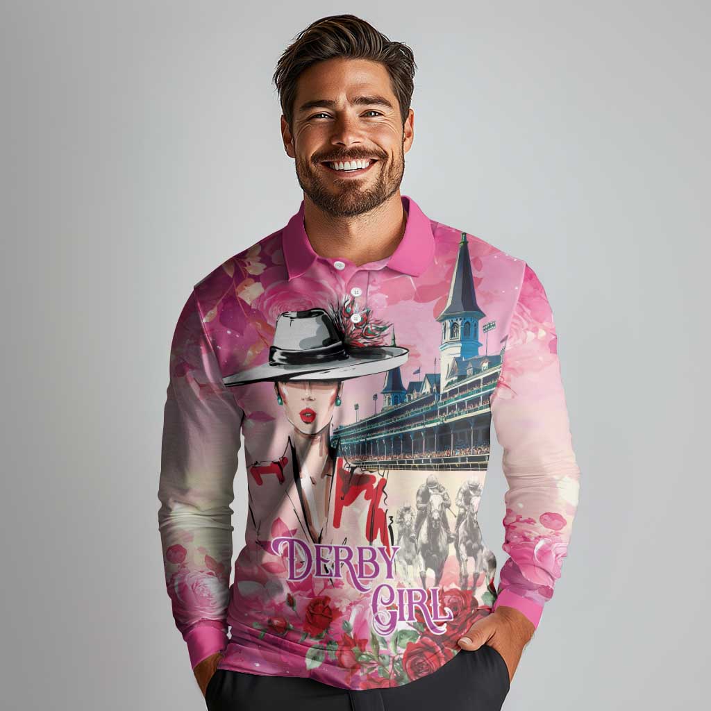 Kentucky Horses Racing Long Sleeve Polo Shirt Churchill Downs Derby Girl Watercolor Style