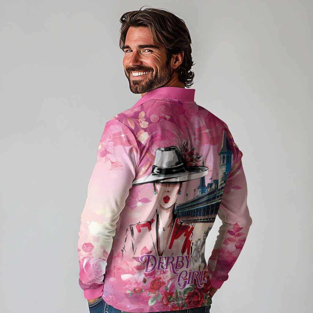Kentucky Horses Racing Long Sleeve Polo Shirt Churchill Downs Derby Girl Watercolor Style