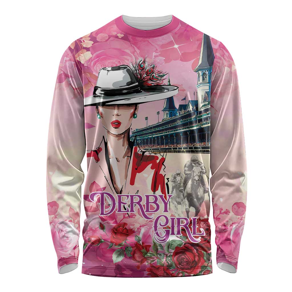 Kentucky Horses Racing Long Sleeve Shirt Churchill Downs Derby Girl Watercolor Style