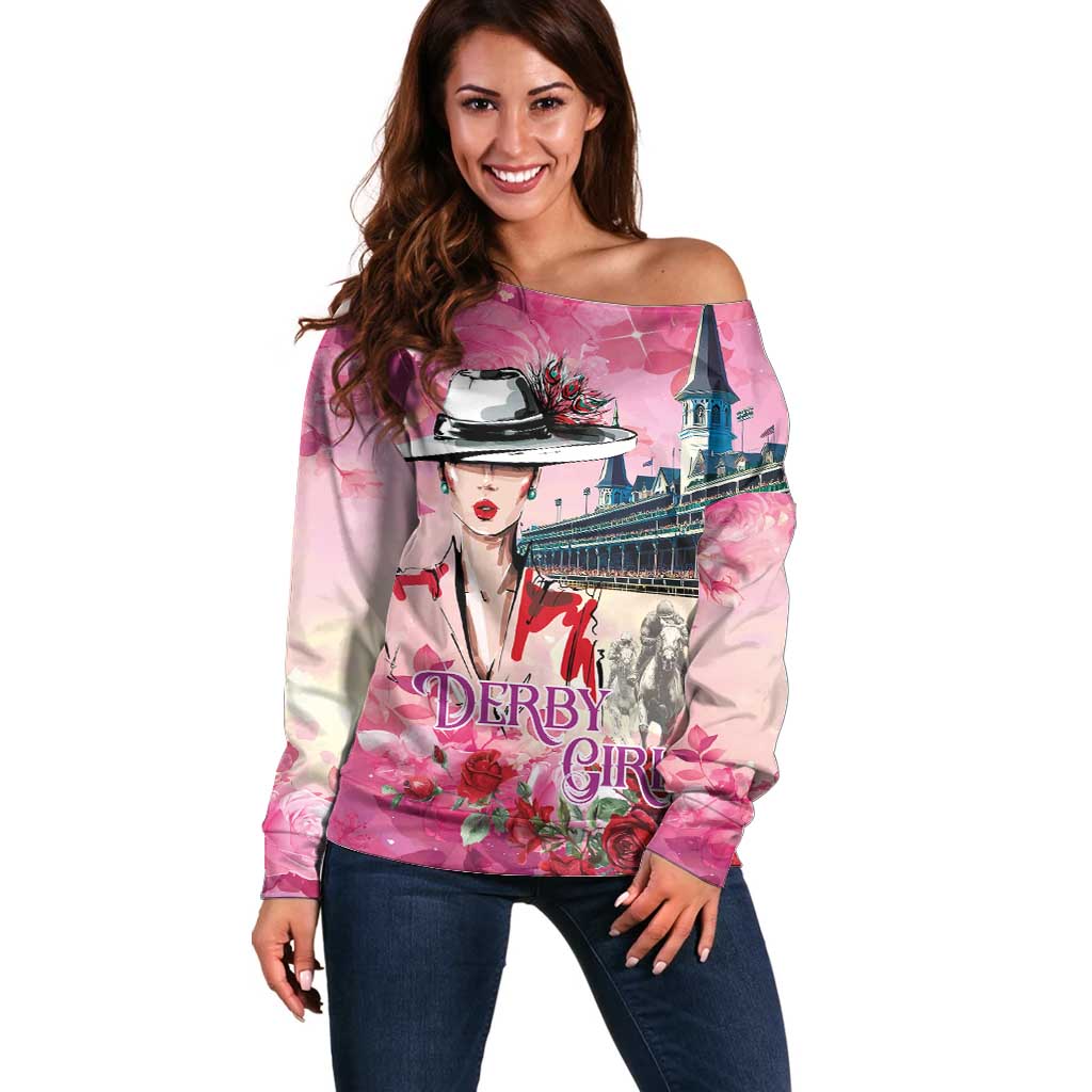 Kentucky Horses Racing Off Shoulder Sweater Churchill Downs Derby Girl Watercolor Style