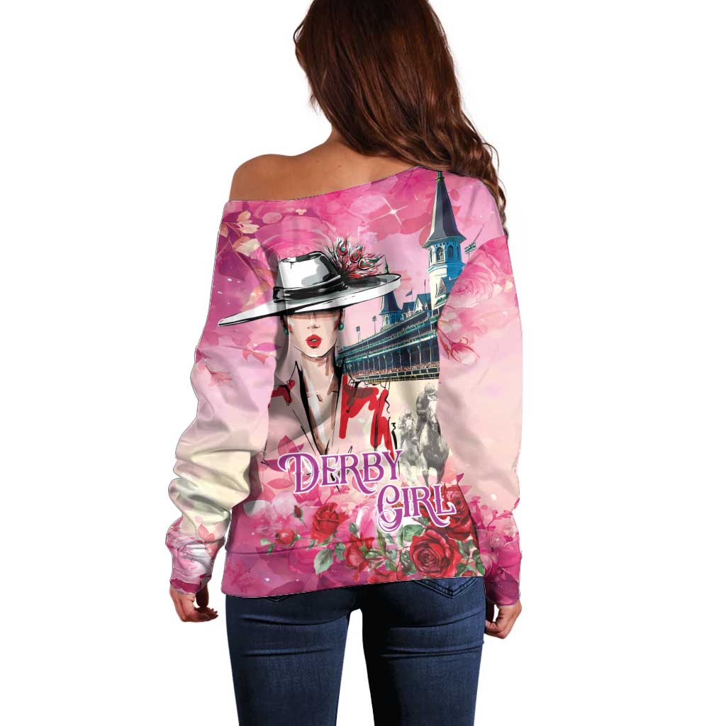 Kentucky Horses Racing Off Shoulder Sweater Churchill Downs Derby Girl Watercolor Style