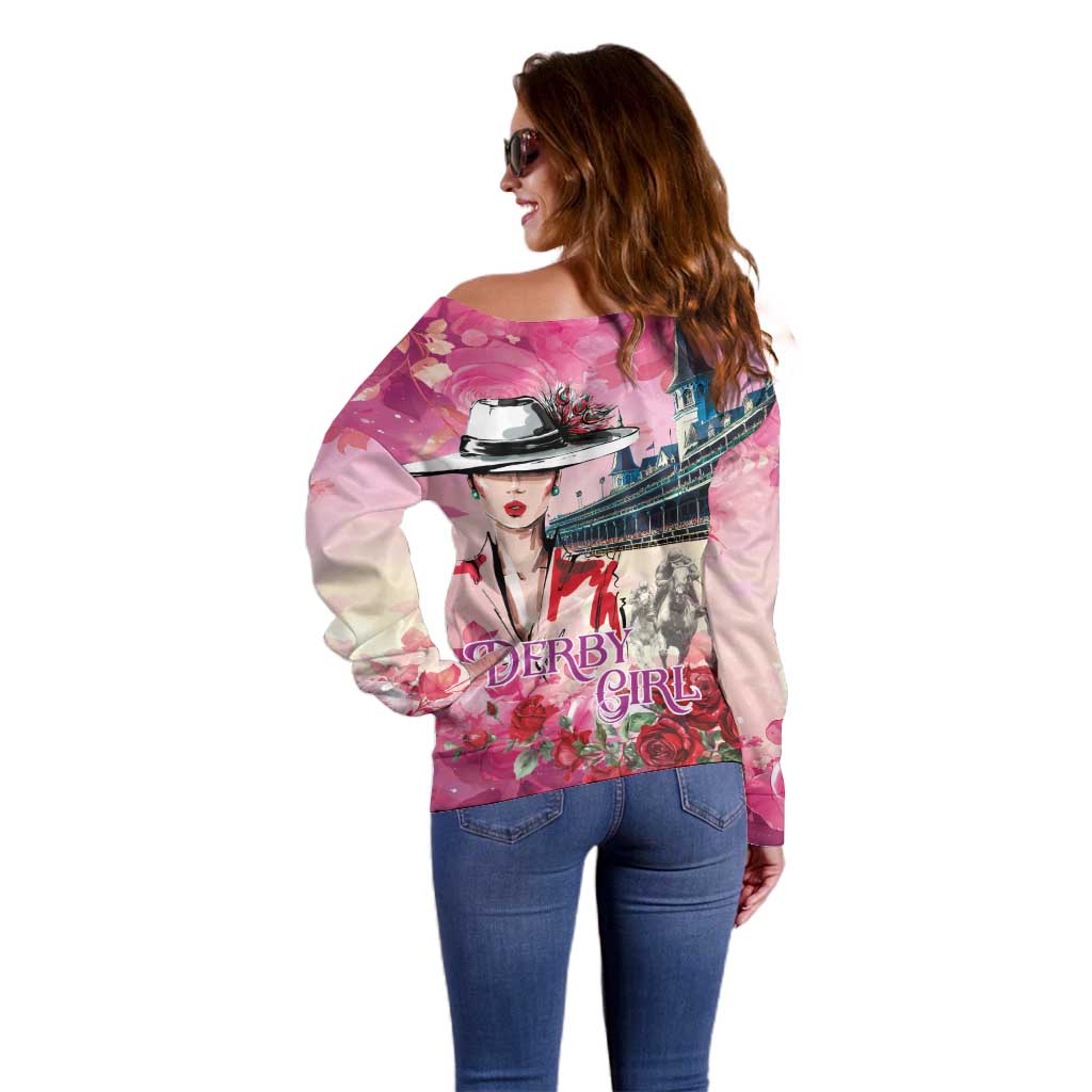 Kentucky Horses Racing Off Shoulder Sweater Churchill Downs Derby Girl Watercolor Style
