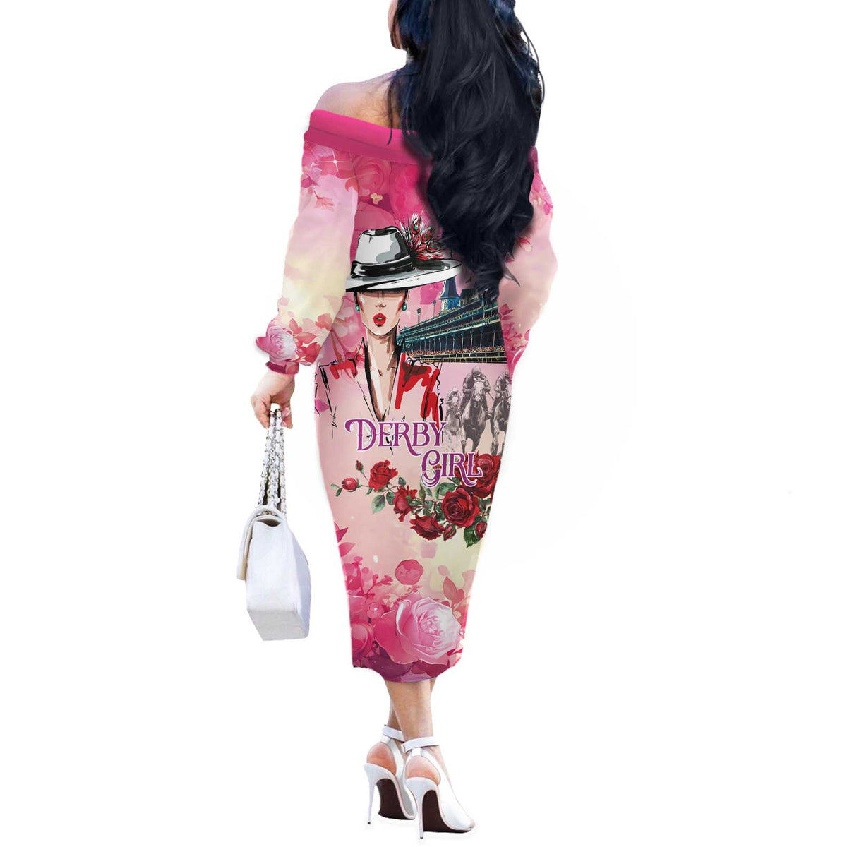 Kentucky Horses Racing Off The Shoulder Long Sleeve Dress Churchill Downs Derby Girl Watercolor Style