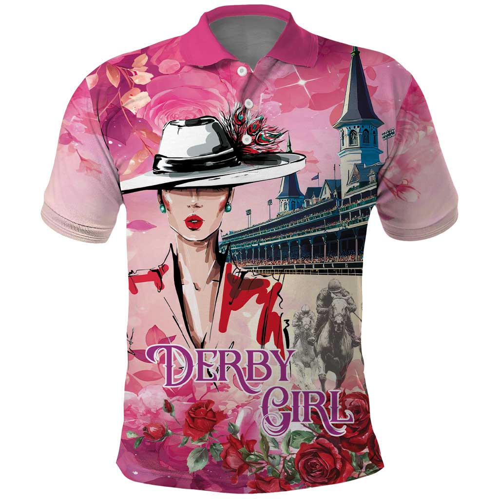 Kentucky Horses Racing Polo Shirt Churchill Downs Derby Girl Watercolor Style