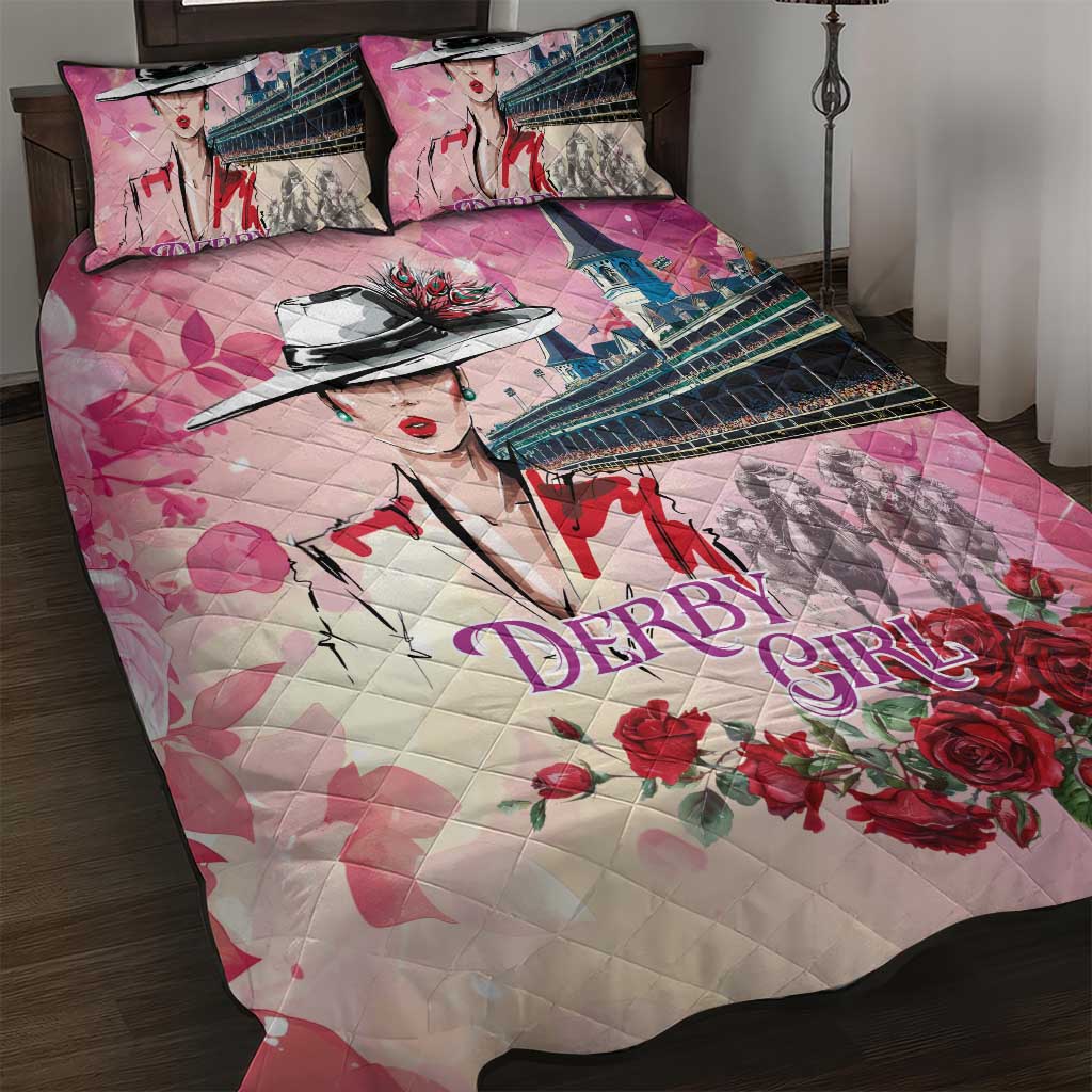 Kentucky Horses Racing Quilt Bed Set Churchill Downs Derby Girl Watercolor Style