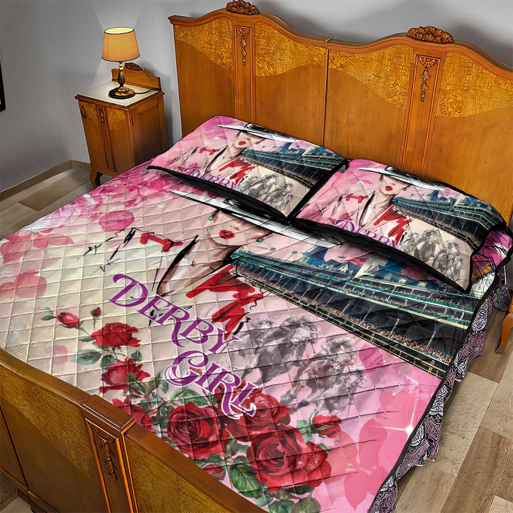 Kentucky Horses Racing Quilt Bed Set Churchill Downs Derby Girl Watercolor Style
