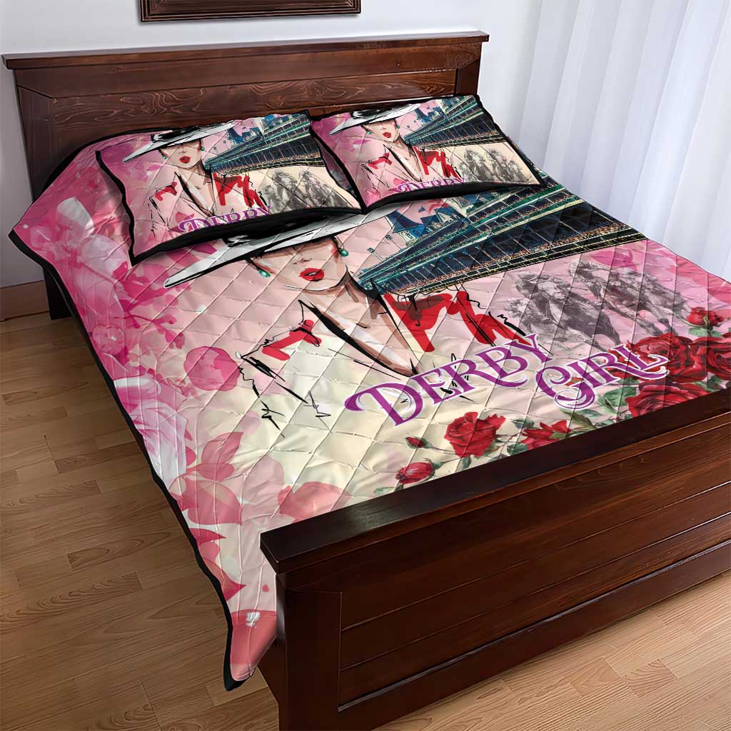 Kentucky Horses Racing Quilt Bed Set Churchill Downs Derby Girl Watercolor Style