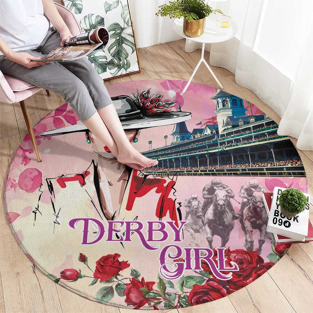 Kentucky Horses Racing Round Carpet Churchill Downs Derby Girl Watercolor Style