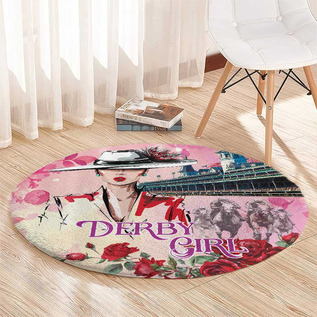 Kentucky Horses Racing Round Carpet Churchill Downs Derby Girl Watercolor Style