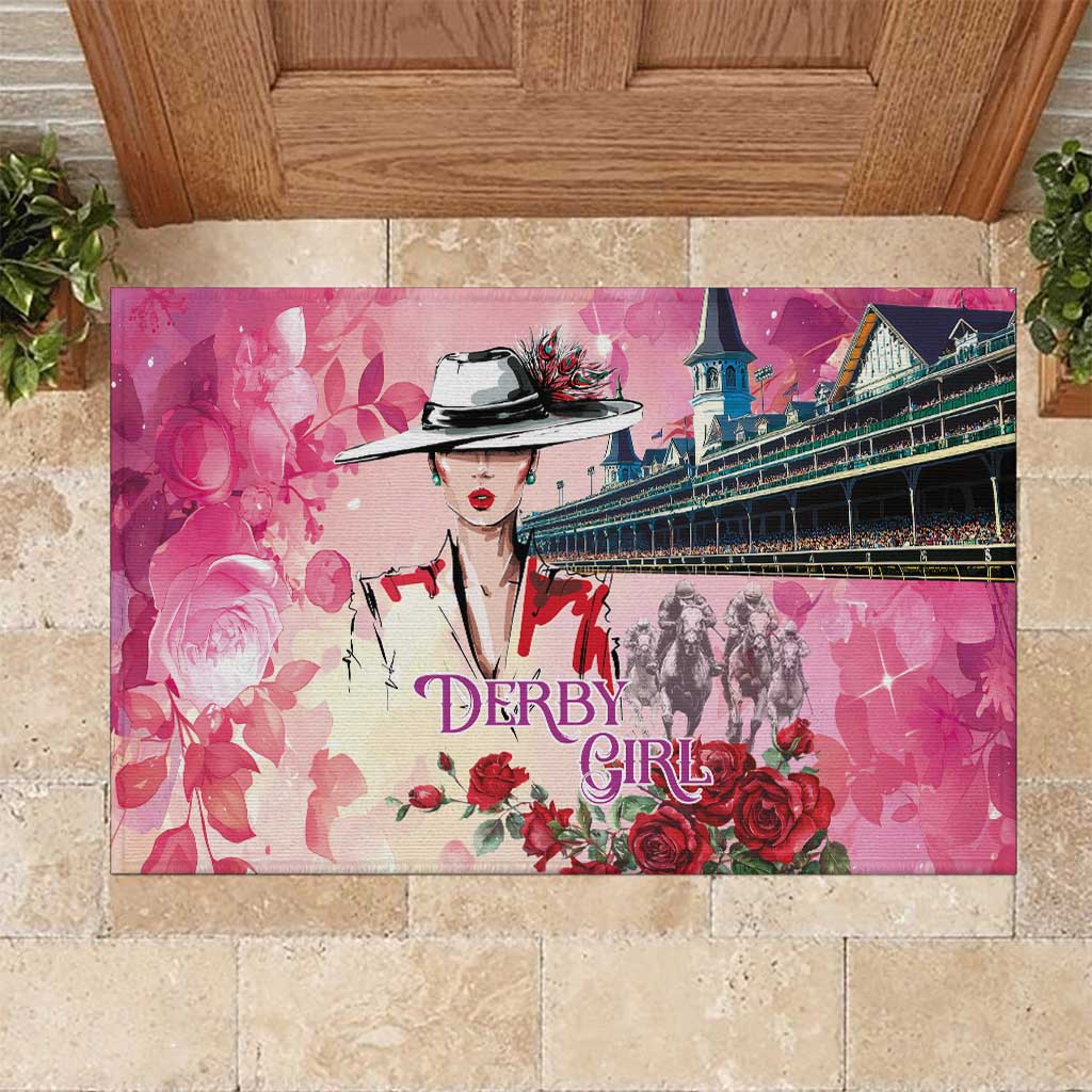 Kentucky Horses Racing Rubber Doormat Churchill Downs Derby Girl Watercolor Style