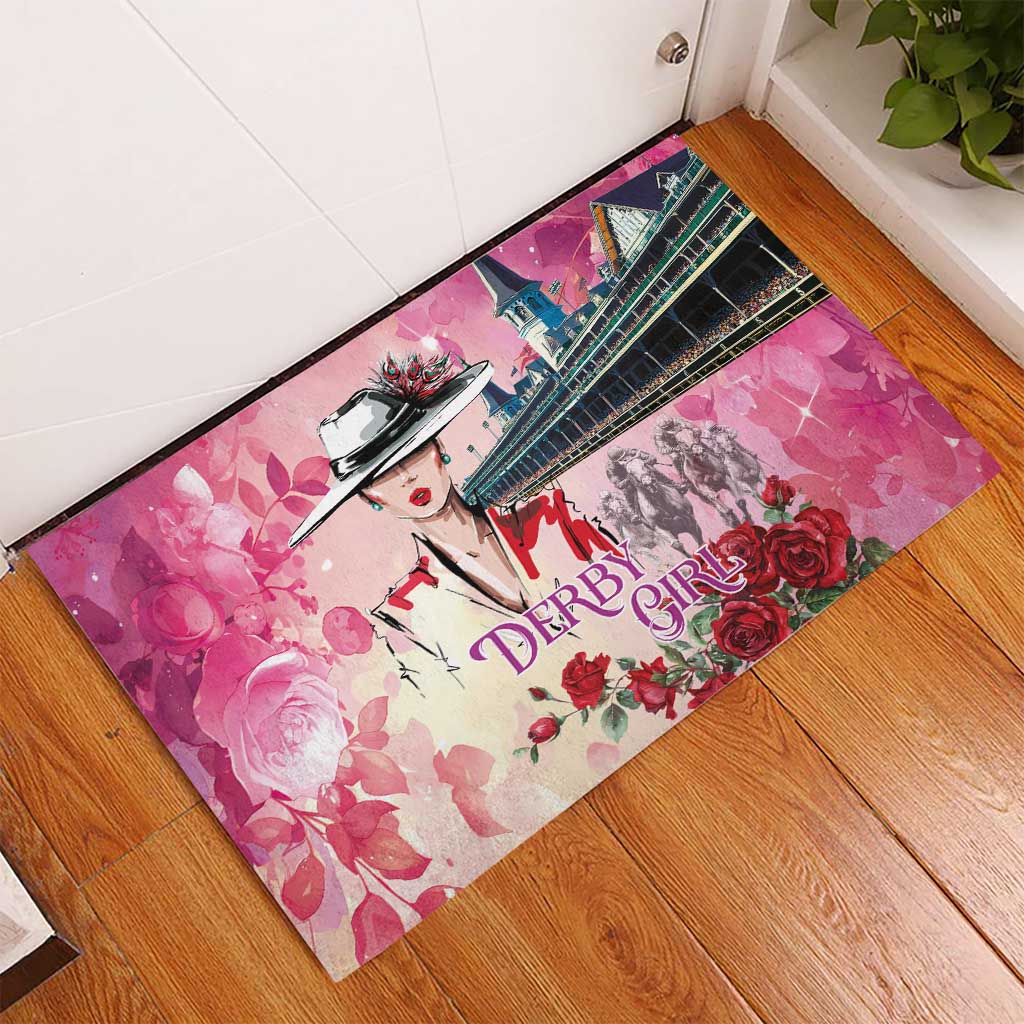 Kentucky Horses Racing Rubber Doormat Churchill Downs Derby Girl Watercolor Style