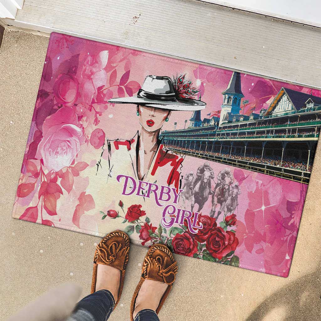 Kentucky Horses Racing Rubber Doormat Churchill Downs Derby Girl Watercolor Style