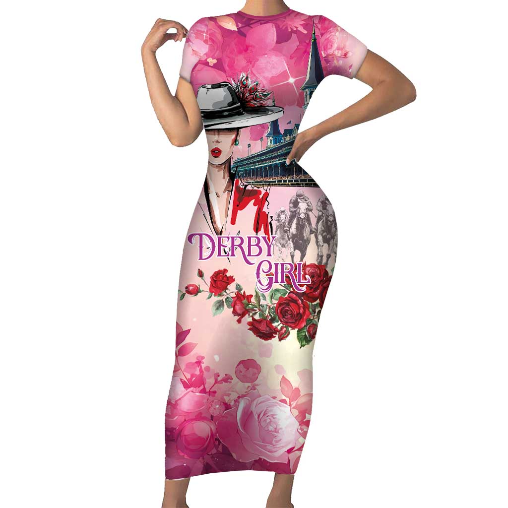 Kentucky Horses Racing Short Sleeve Bodycon Dress Churchill Downs Derby Girl Watercolor Style