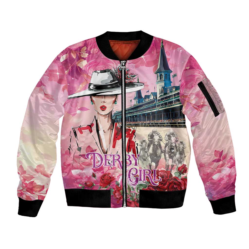 Kentucky Horses Racing Sleeve Zip Bomber Jacket Churchill Downs Derby Girl Watercolor Style