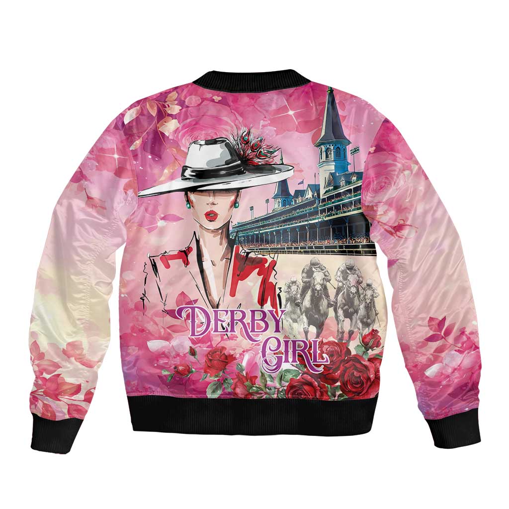 Kentucky Horses Racing Sleeve Zip Bomber Jacket Churchill Downs Derby Girl Watercolor Style