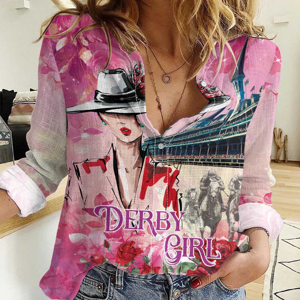 Kentucky Horses Racing Women Casual Shirt Churchill Downs Derby Girl Watercolor Style