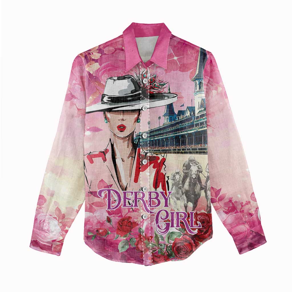 Kentucky Horses Racing Women Casual Shirt Churchill Downs Derby Girl Watercolor Style
