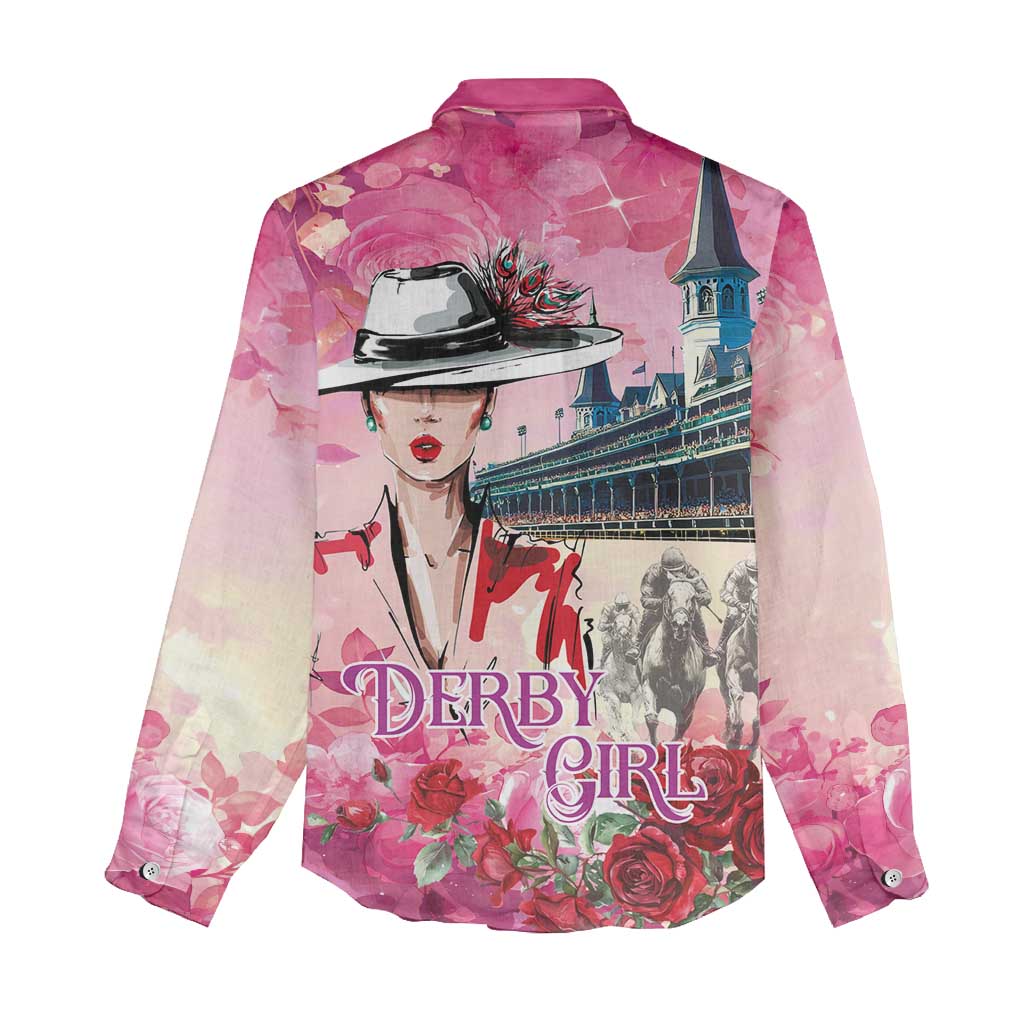 Kentucky Horses Racing Women Casual Shirt Churchill Downs Derby Girl Watercolor Style