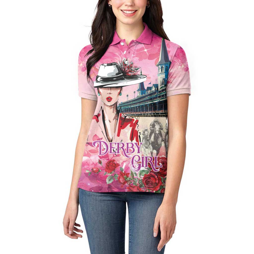 Kentucky Horses Racing Women Polo Shirt Churchill Downs Derby Girl Watercolor Style