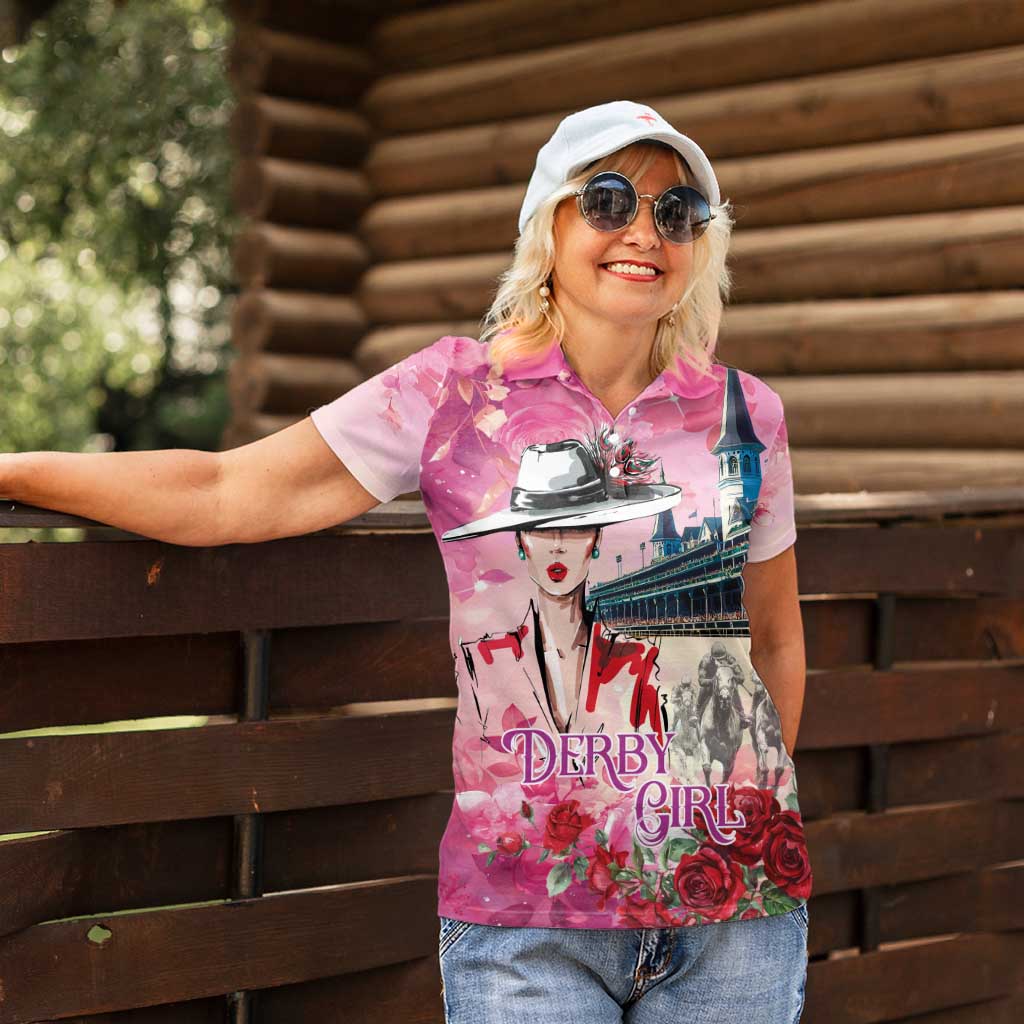 Kentucky Horses Racing Women Polo Shirt Churchill Downs Derby Girl Watercolor Style