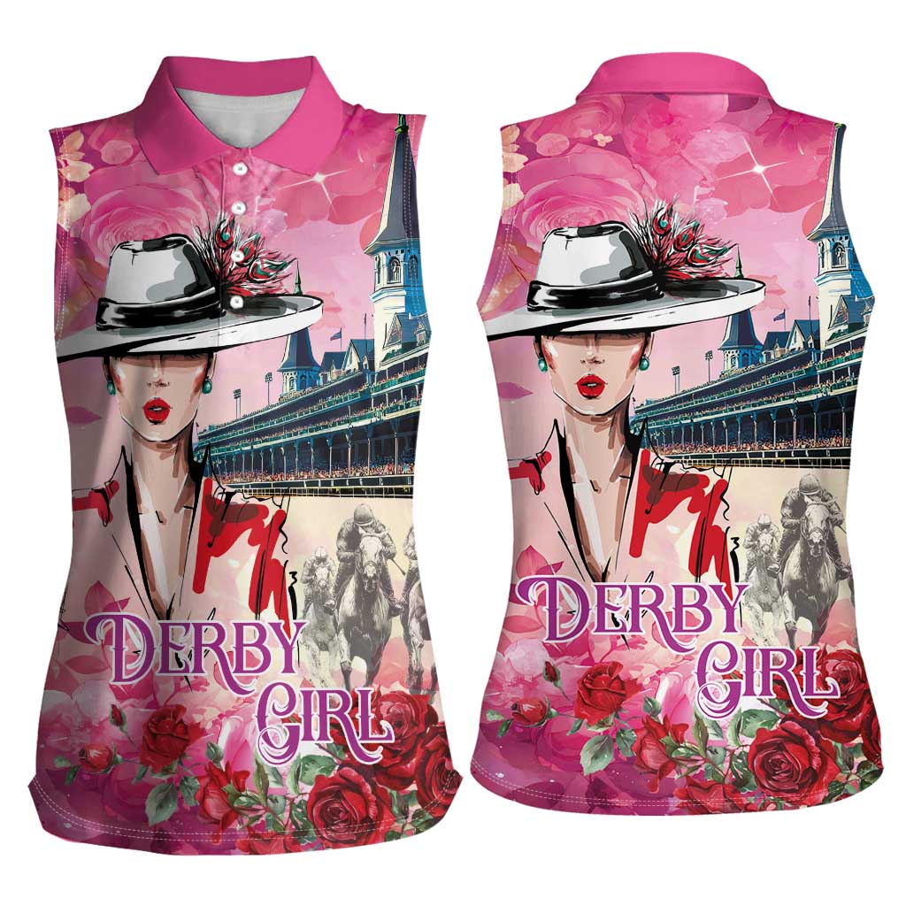 Kentucky Horses Racing Women Sleeveless Polo Shirt Churchill Downs Derby Girl Watercolor Style