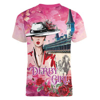Kentucky Horses Racing Women V-Neck T-Shirt Churchill Downs Derby Girl Watercolor Style