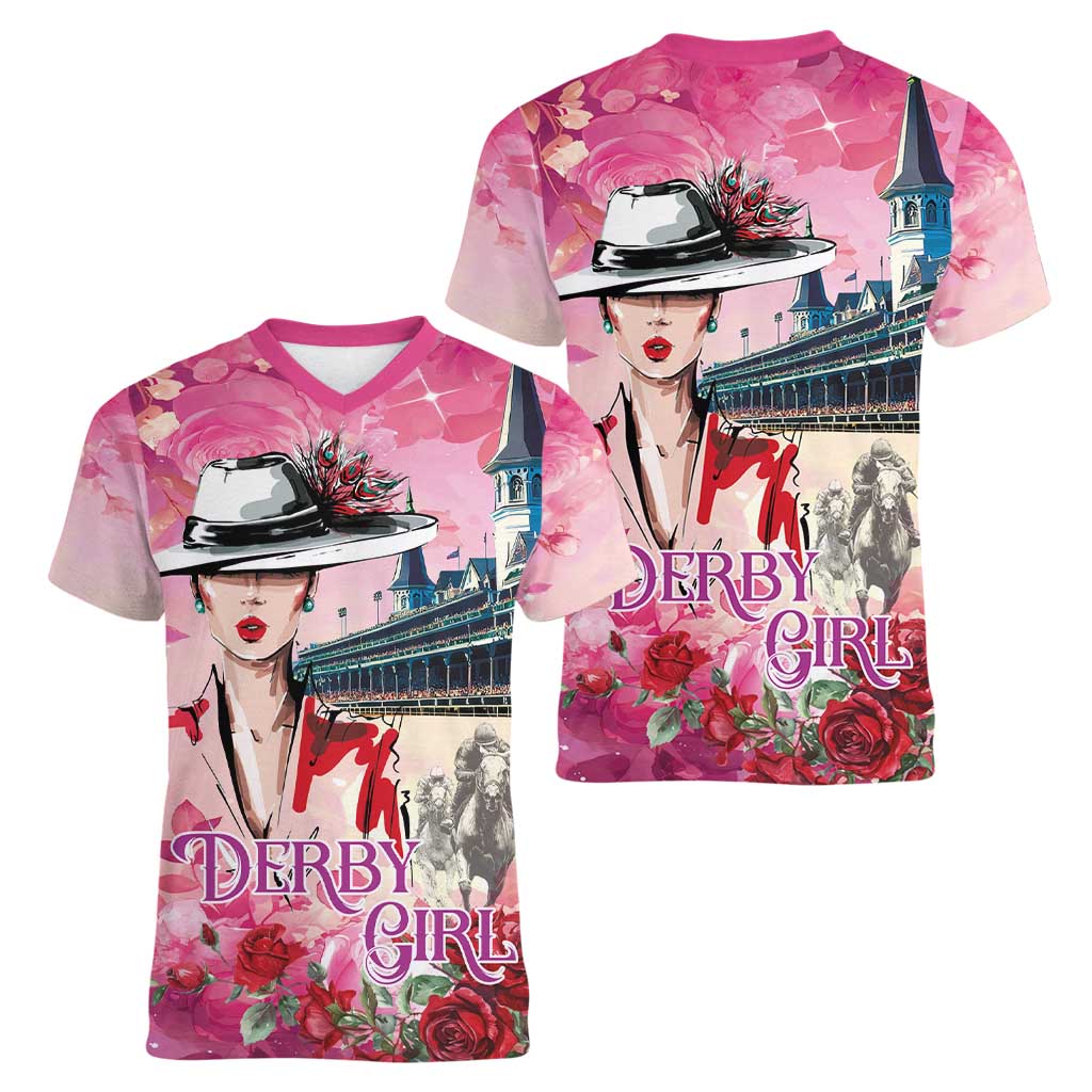 Kentucky Horses Racing Women V-Neck T-Shirt Churchill Downs Derby Girl Watercolor Style