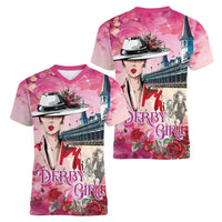 Kentucky Horses Racing Women V-Neck T-Shirt Churchill Downs Derby Girl Watercolor Style