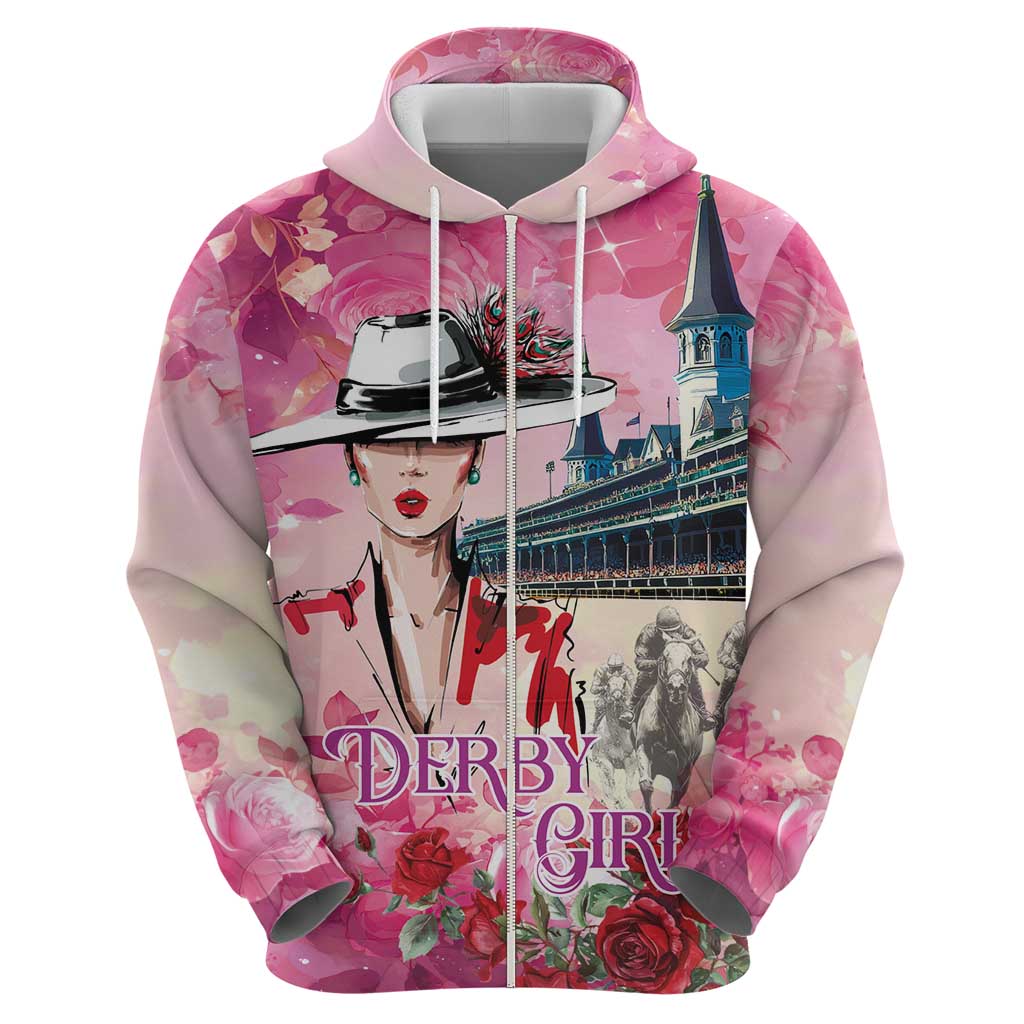 Kentucky Horses Racing Zip Hoodie Churchill Downs Derby Girl Watercolor Style