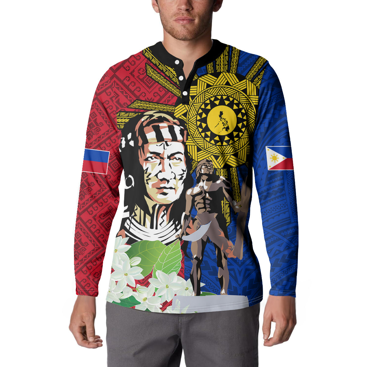 Philippines Lapu-Lapu Button Sweatshirt Filipino Sun Tattoo With Yakan Pattern - Wonder Print Shop