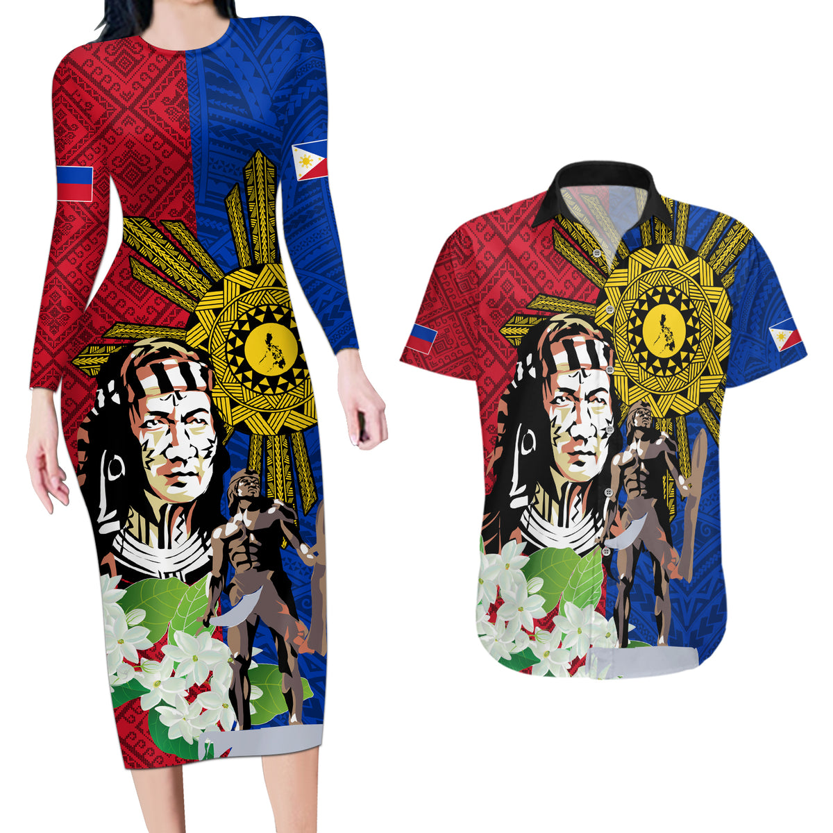Philippines Lapu-Lapu Couples Matching Long Sleeve Bodycon Dress and Hawaiian Shirt Filipino Sun Tattoo With Yakan Pattern - Wonder Print Shop