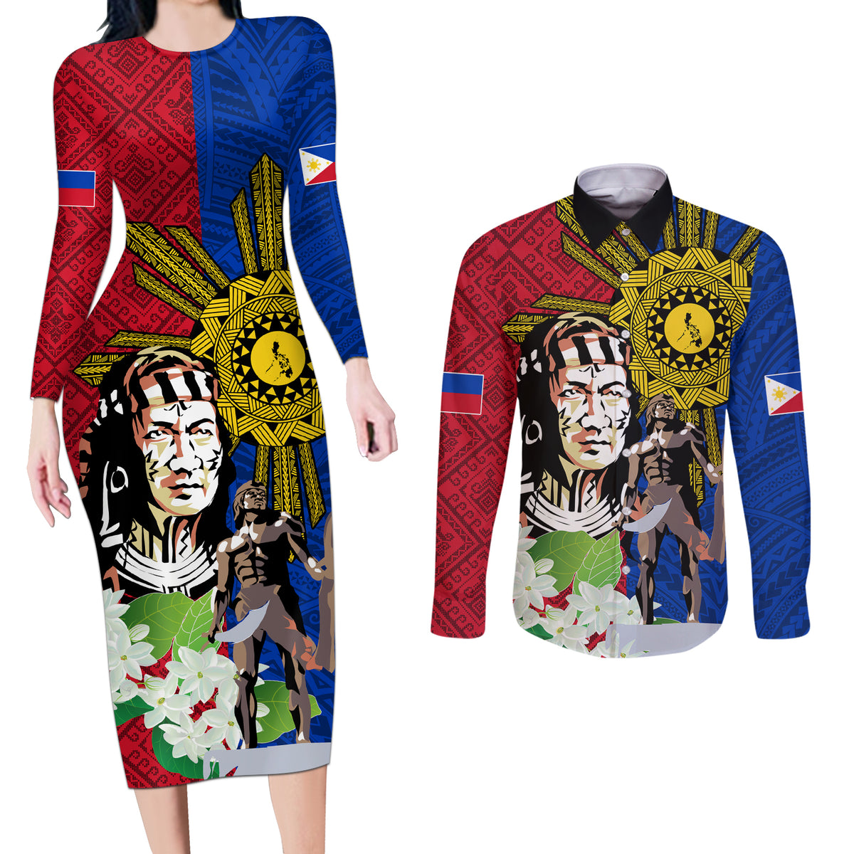 Philippines Lapu-Lapu Couples Matching Long Sleeve Bodycon Dress and Long Sleeve Button Shirt Filipino Sun Tattoo With Yakan Pattern - Wonder Print Shop