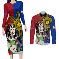Philippines Lapu-Lapu Couples Matching Long Sleeve Bodycon Dress and Long Sleeve Button Shirt Filipino Sun Tattoo With Yakan Pattern - Wonder Print Shop