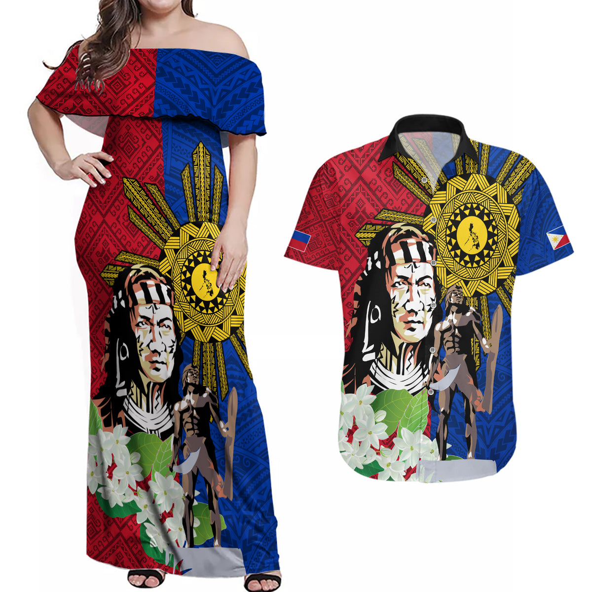 Philippines Lapu-Lapu Couples Matching Off Shoulder Maxi Dress and Hawaiian Shirt Filipino Sun Tattoo With Yakan Pattern - Wonder Print Shop