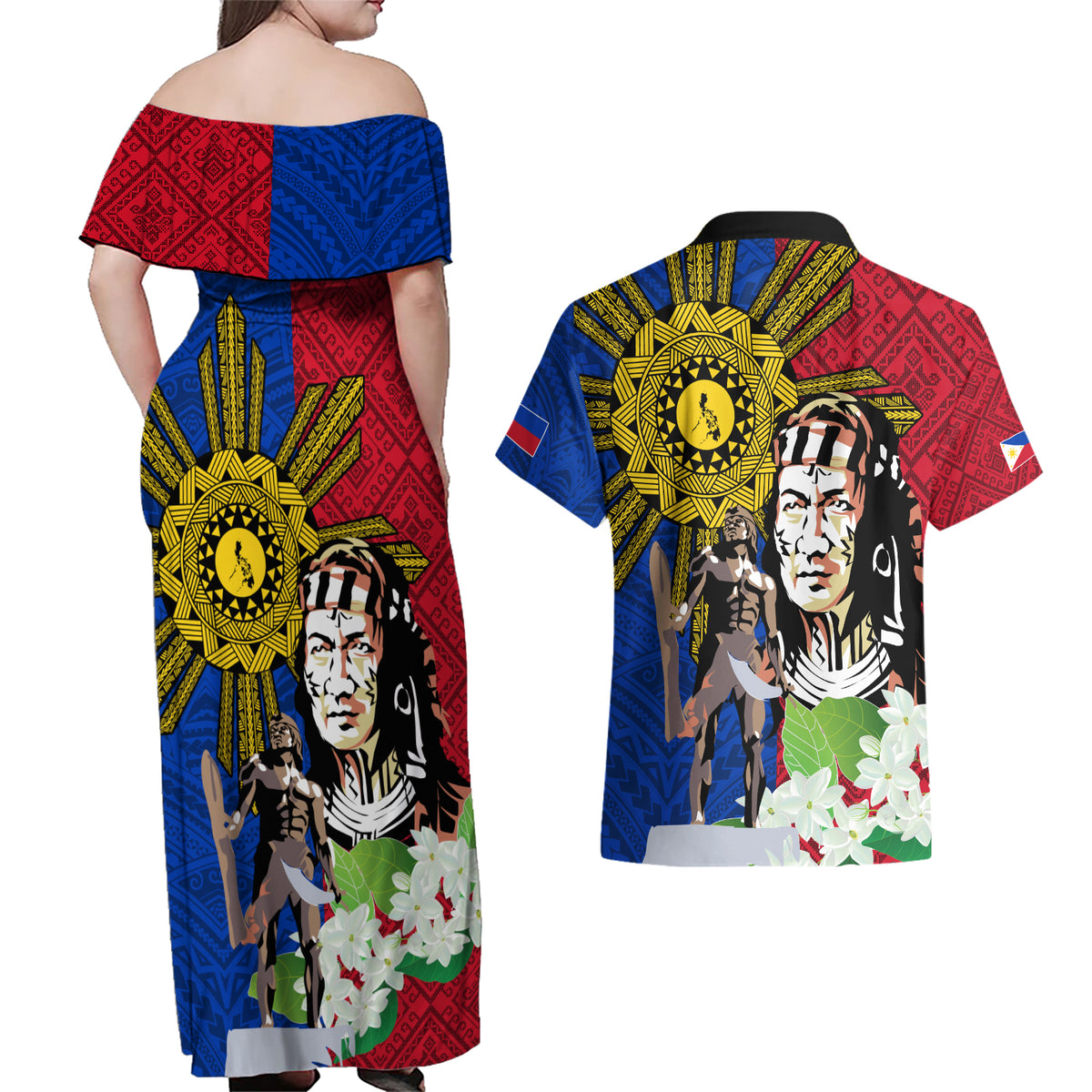 Philippines Lapu-Lapu Couples Matching Off Shoulder Maxi Dress and Hawaiian Shirt Filipino Sun Tattoo With Yakan Pattern - Wonder Print Shop