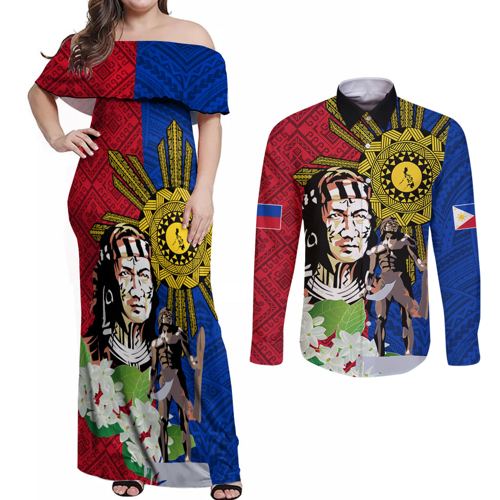 Philippines Lapu-Lapu Couples Matching Off Shoulder Maxi Dress and Long Sleeve Button Shirt Filipino Sun Tattoo With Yakan Pattern - Wonder Print Shop