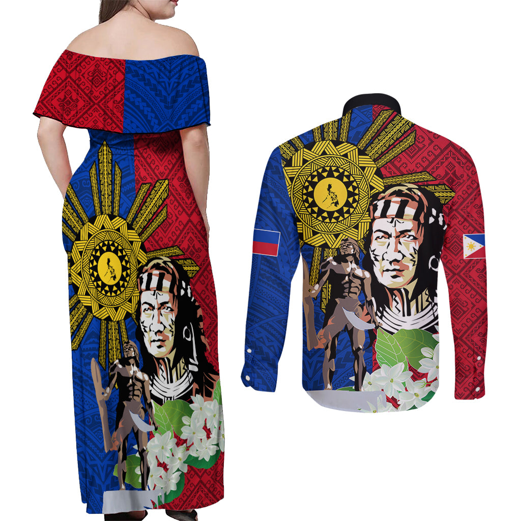 Philippines Lapu-Lapu Couples Matching Off Shoulder Maxi Dress and Long Sleeve Button Shirt Filipino Sun Tattoo With Yakan Pattern - Wonder Print Shop