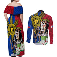 Philippines Lapu-Lapu Couples Matching Off Shoulder Maxi Dress and Long Sleeve Button Shirt Filipino Sun Tattoo With Yakan Pattern - Wonder Print Shop