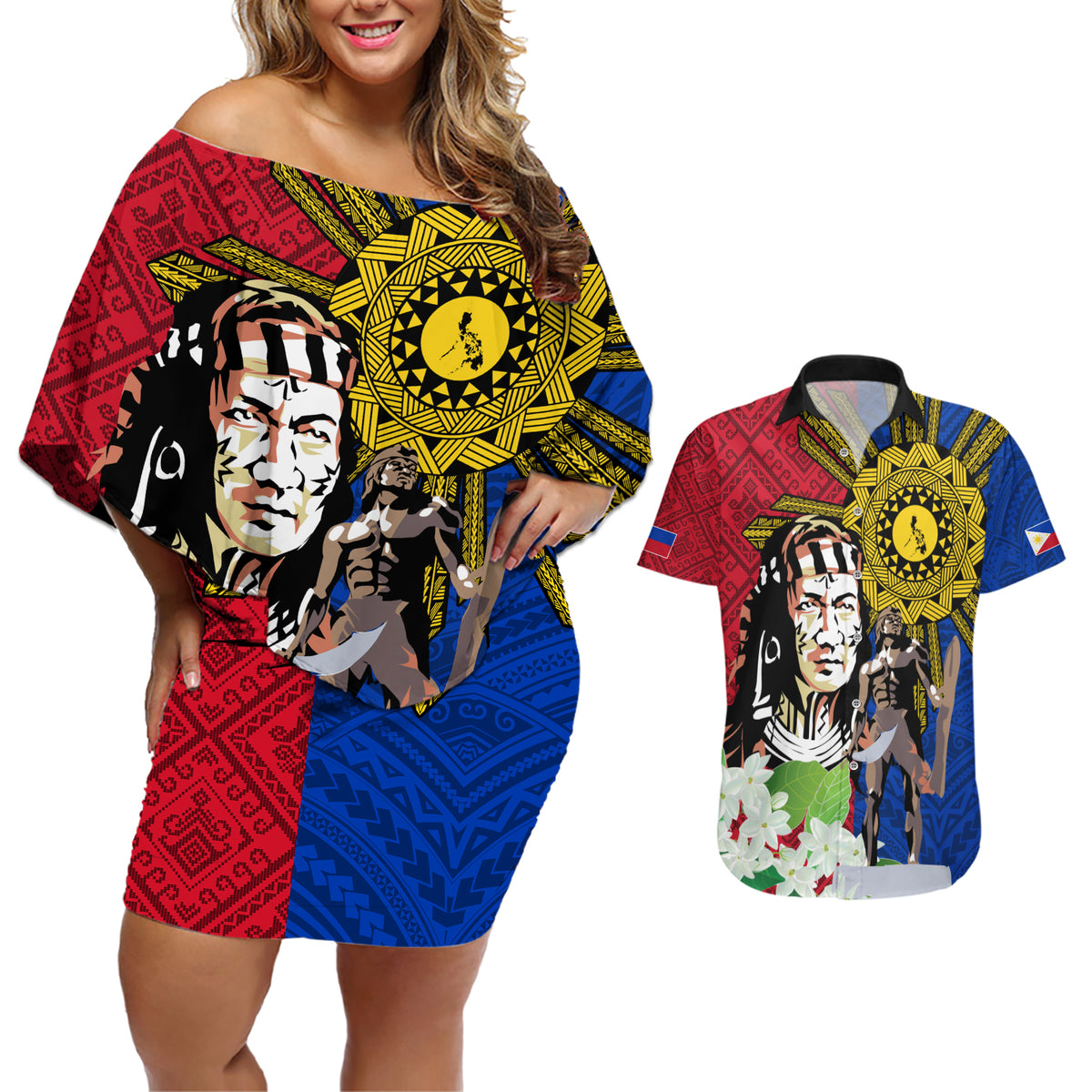 Philippines Lapu-Lapu Couples Matching Off Shoulder Short Dress and Hawaiian Shirt Filipino Sun Tattoo With Yakan Pattern - Wonder Print Shop