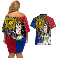 Philippines Lapu-Lapu Couples Matching Off Shoulder Short Dress and Hawaiian Shirt Filipino Sun Tattoo With Yakan Pattern - Wonder Print Shop