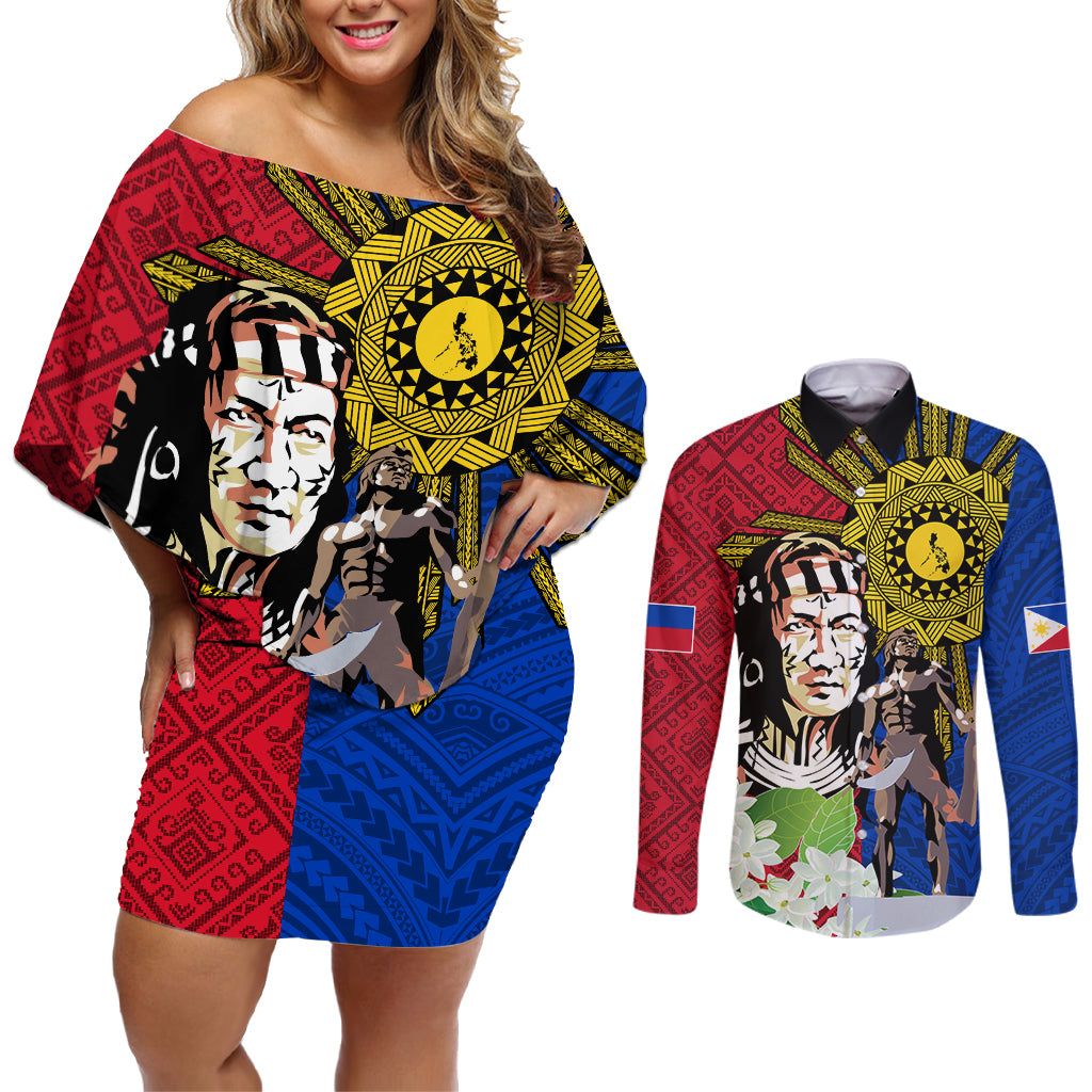 Philippines Lapu-Lapu Couples Matching Off Shoulder Short Dress and Long Sleeve Button Shirt Filipino Sun Tattoo With Yakan Pattern - Wonder Print Shop