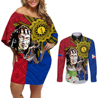 Philippines Lapu-Lapu Couples Matching Off Shoulder Short Dress and Long Sleeve Button Shirt Filipino Sun Tattoo With Yakan Pattern - Wonder Print Shop