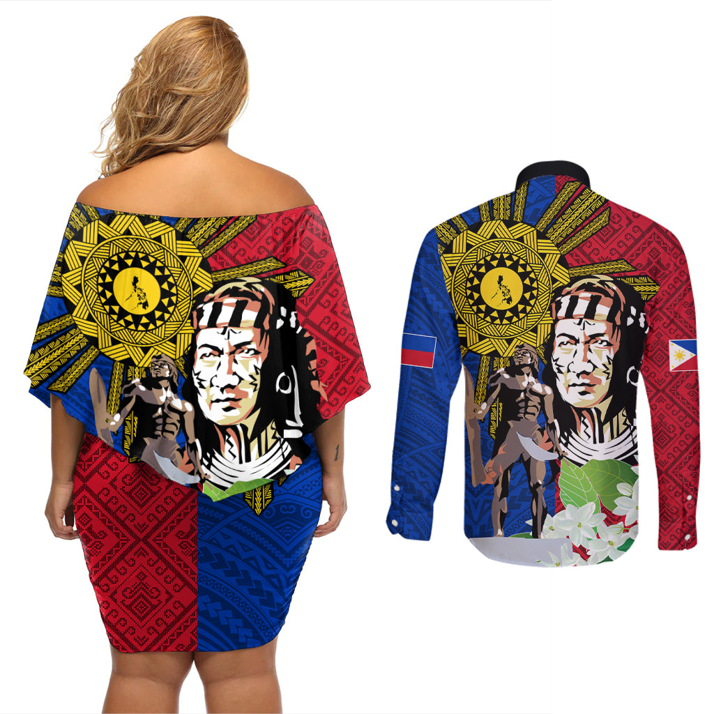 Philippines Lapu-Lapu Couples Matching Off Shoulder Short Dress and Long Sleeve Button Shirt Filipino Sun Tattoo With Yakan Pattern - Wonder Print Shop