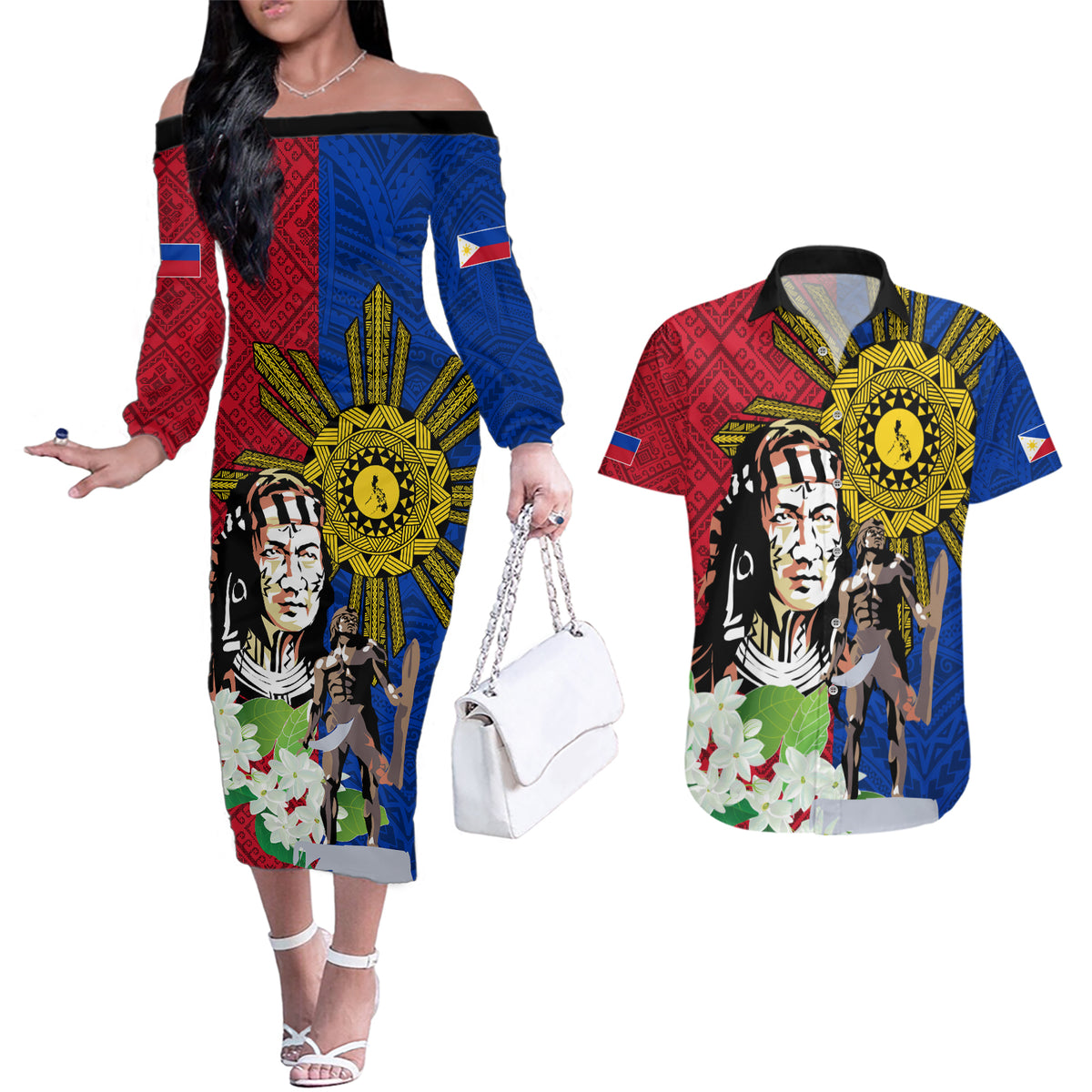 Philippines Lapu-Lapu Couples Matching Off The Shoulder Long Sleeve Dress and Hawaiian Shirt Filipino Sun Tattoo With Yakan Pattern - Wonder Print Shop