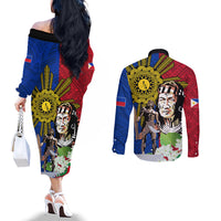 Philippines Lapu-Lapu Couples Matching Off The Shoulder Long Sleeve Dress and Long Sleeve Button Shirt Filipino Sun Tattoo With Yakan Pattern