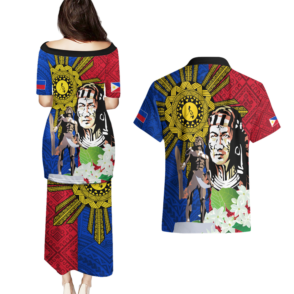 Philippines Lapu-Lapu Couples Matching Puletasi and Hawaiian Shirt Filipino Sun Tattoo With Yakan Pattern - Wonder Print Shop