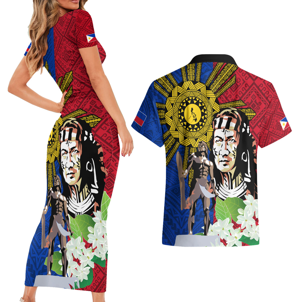 Philippines Lapu-Lapu Couples Matching Short Sleeve Bodycon Dress and Hawaiian Shirt Filipino Sun Tattoo With Yakan Pattern - Wonder Print Shop